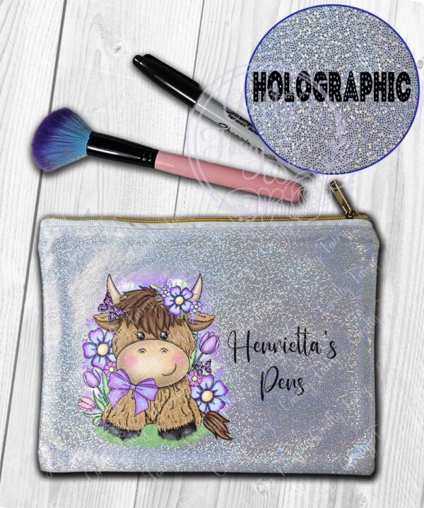 personalised highland cow with purple flowers holographic pouch