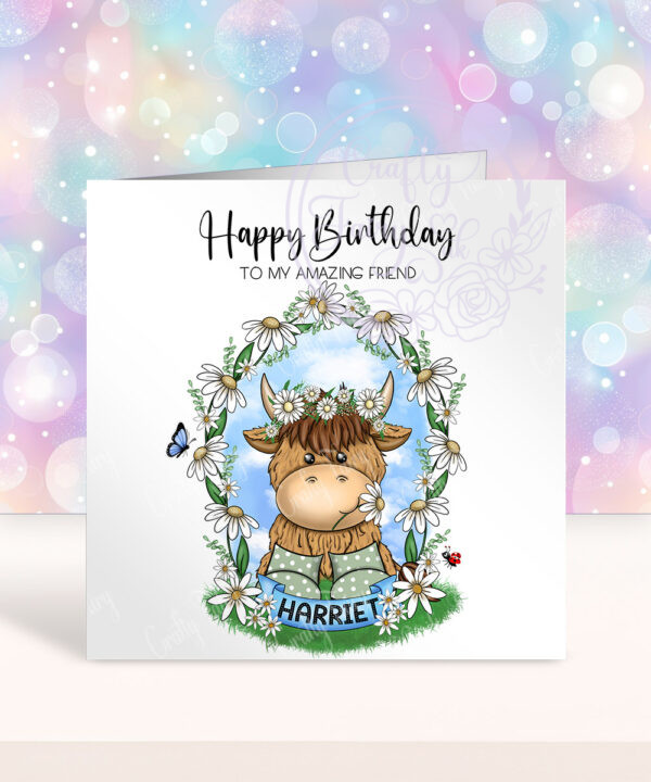 personalised highland cow in wellies with daisy flowers birthday card