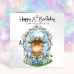 personalised highland cow in wellies with daisy flowers birthday card