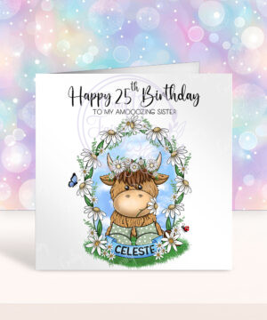 personalised highland cow in wellies with daisy flowers birthday card