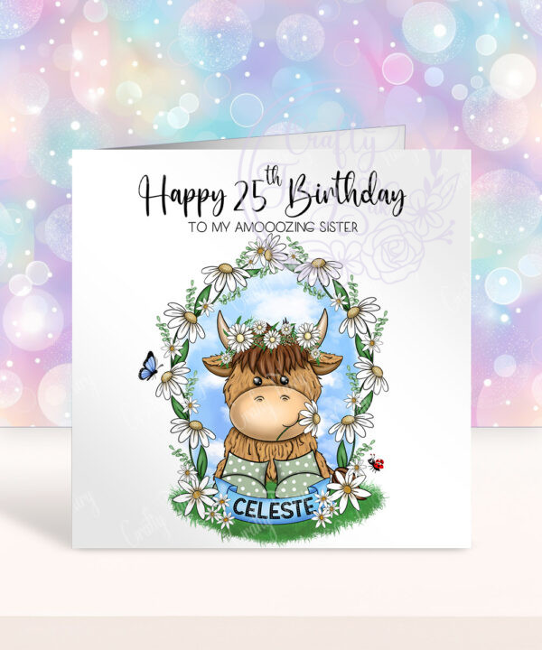 personalised highland cow in wellies with daisy flowers birthday card
