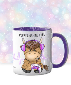personalised highland cow purple gamer girl mug gift
