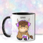 personalised highland cow purple gamer girl mug gift