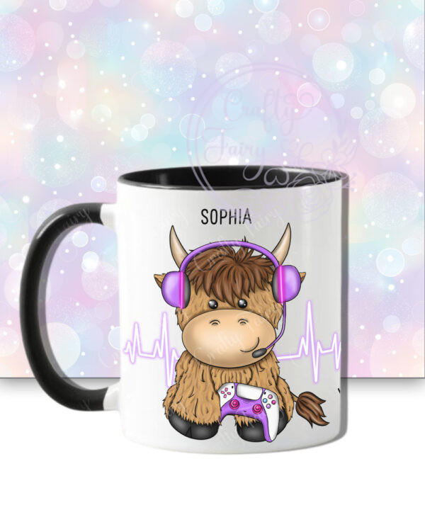 personalised highland cow purple gamer girl mug gift