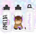 personalised highland cow purple gamer girl 600ml water bottle