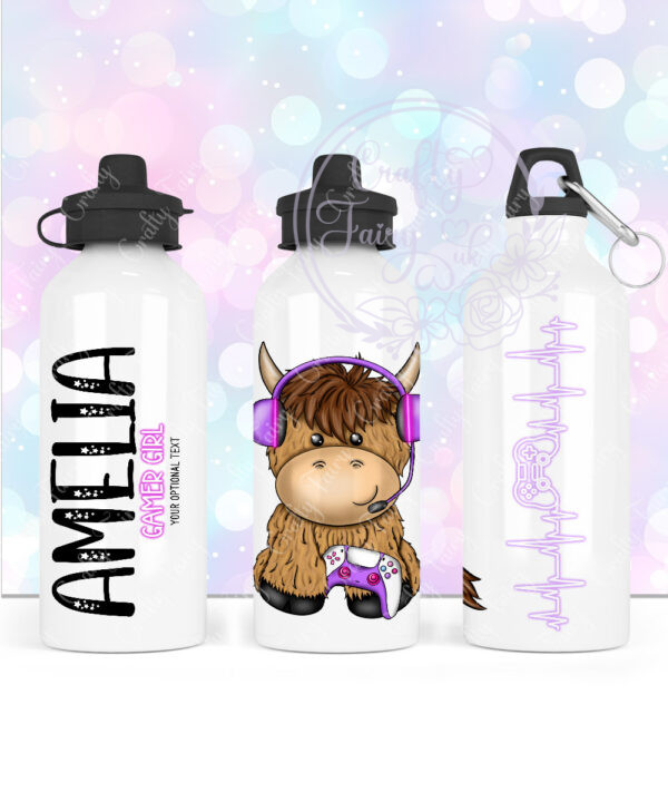 personalised highland cow purple gamer girl 600ml water bottle