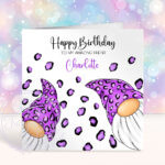 personalised gonks with purple leopard print hats birthday card