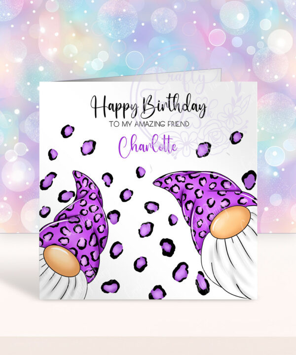 personalised gonks with purple leopard print hats birthday card