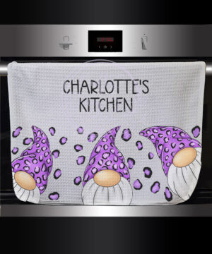 personalised gonks with purple leopard print hats waffle tea towel