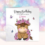 personalised highland cow with pink roses birthday card