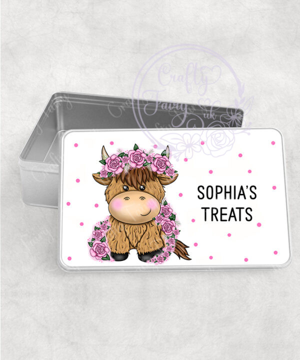 personalised highland cow with pink roses medium tin