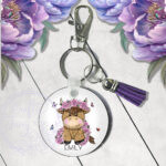 personalised highland cow with pink roses mdf keyring / bag tag