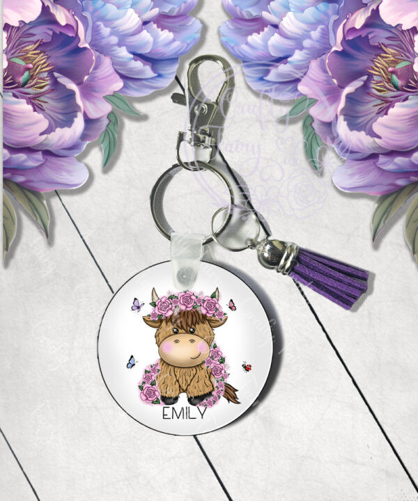 personalised highland cow with pink roses mdf keyring / bag tag