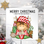 personalised christmas highland cow in red stripe pj's with hot chocolate xmas card