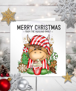 personalised christmas highland cow in red stripe pj's with hot chocolate xmas card