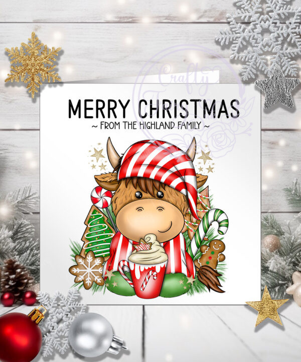 personalised christmas highland cow in red stripe pj's with hot chocolate xmas card