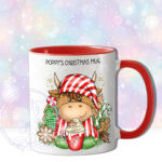 personalised christmas highland cow in red stripe pj's with hot chocolate mug gift