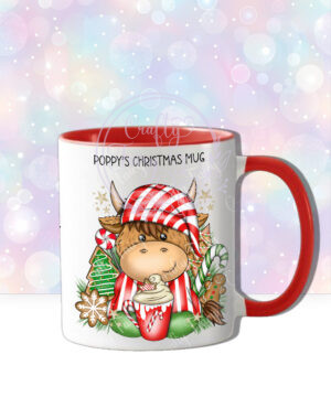 personalised christmas highland cow in red stripe pj's with hot chocolate mug gift