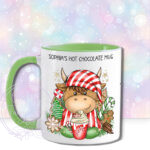 personalised christmas highland cow in red stripe pj's with hot chocolate mug gift
