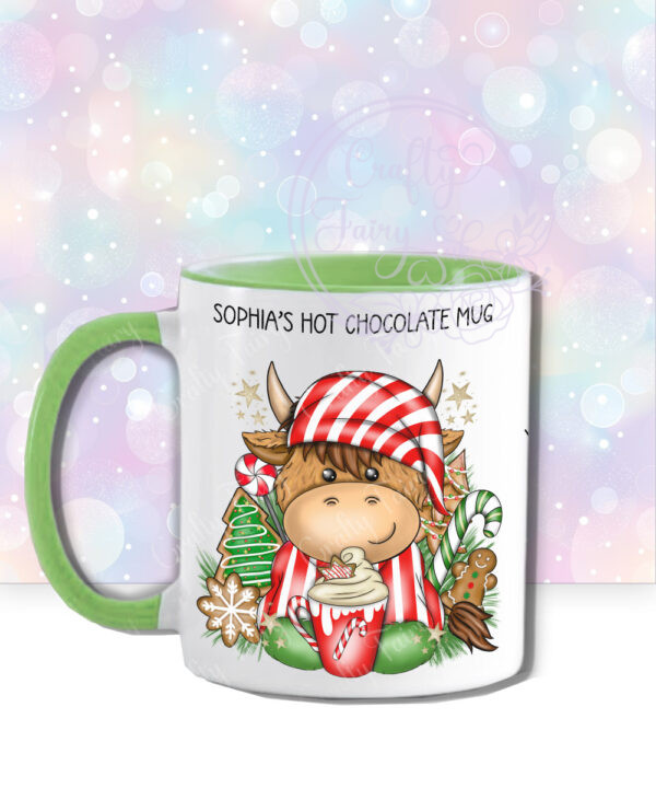 personalised christmas highland cow in red stripe pj's with hot chocolate mug gift