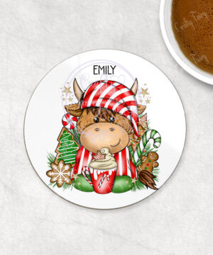 personalised christmas highland cow in red stripe pj's with hot chocolate coaster gift
