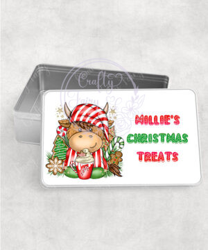 personalised christmas highland cow in red stripe pj's with hot chocolate medium tin