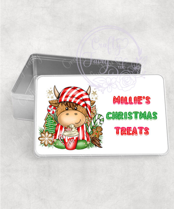 personalised christmas highland cow in red stripe pj's with hot chocolate medium tin