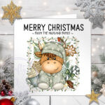 personalised christmas highland cow in sage green pj's xmas card