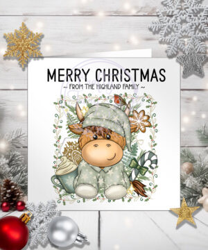 personalised christmas highland cow in sage green pj's xmas card