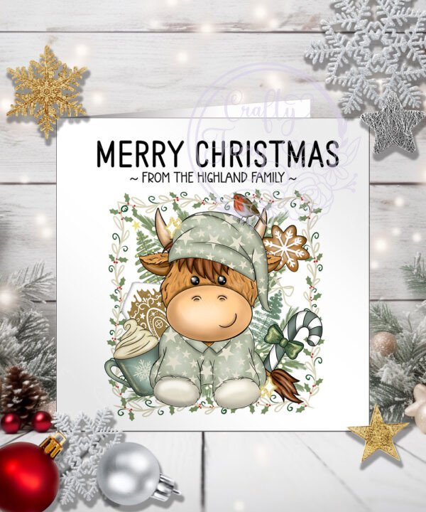 personalised christmas highland cow in sage green pj's xmas card