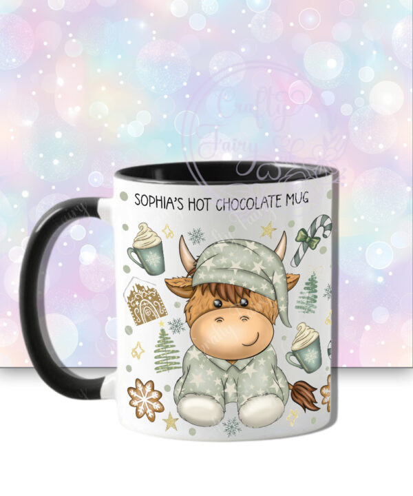 personalised christmas highland cow in sage green pj's mug gift