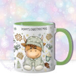 personalised christmas highland cow in sage green pj's mug gift