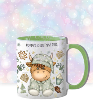 personalised christmas highland cow in sage green pj's mug gift