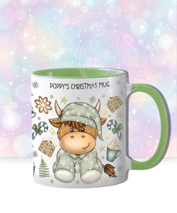 personalised christmas highland cow in sage green pj's mug gift