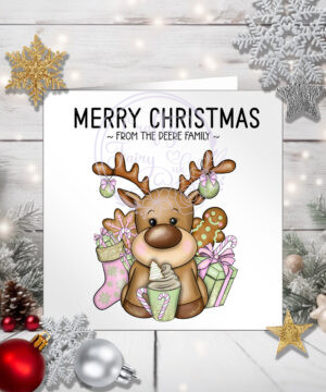 personalised reindeer pastel pink & green hot chocolate christmas card