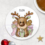 personalised reindeer pastel pink & green hot chocolate christmas coaster gift