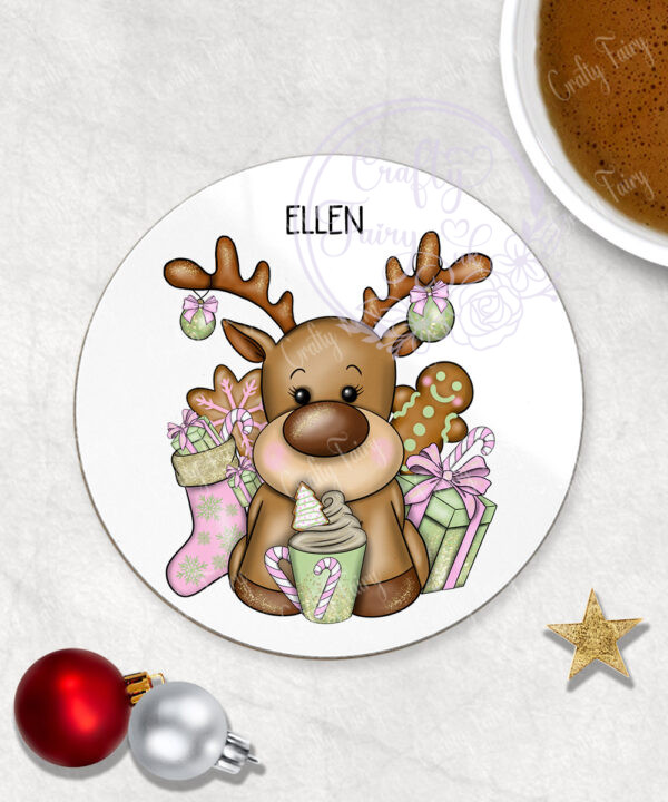 personalised reindeer pastel pink & green hot chocolate christmas coaster gift