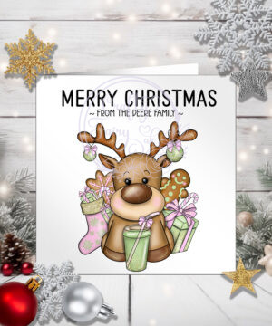 personalised reindeer pastel pink & green matcha latte christmas card