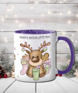 personalised reindeer pastel pink & green matcha latte christmas mug gift