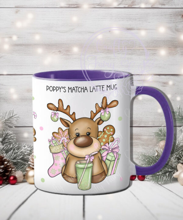 personalised reindeer pastel pink & green matcha latte christmas mug gift