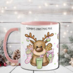 personalised reindeer pastel pink & green matcha latte christmas mug gift
