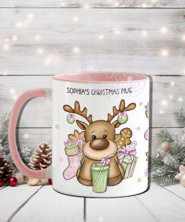 personalised reindeer pastel pink & green matcha latte christmas mug gift