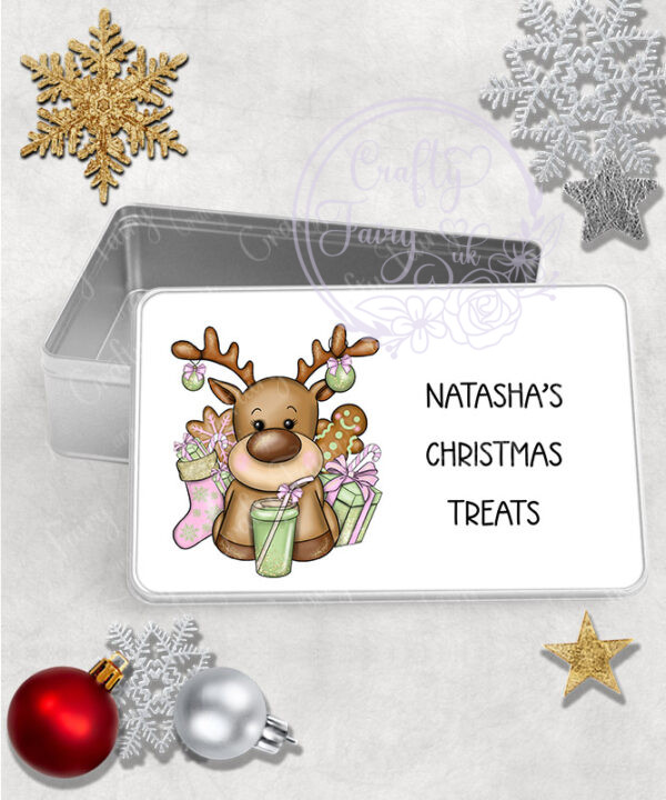 personalised reindeer pastel pink & green matcha latte christmas medium tin