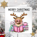 personalised reindeer reader book lover pink christmas card