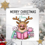 personalised reindeer reader book lover pink christmas card