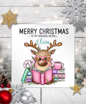 personalised reindeer reader book lover pink christmas card