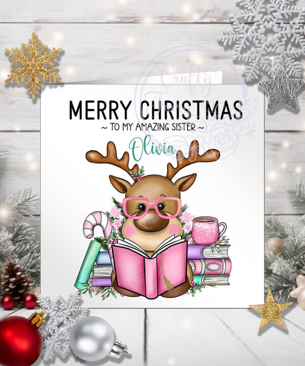 personalised reindeer reader book lover pink christmas card