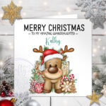 personalised reindeer in red santa hat christmas card