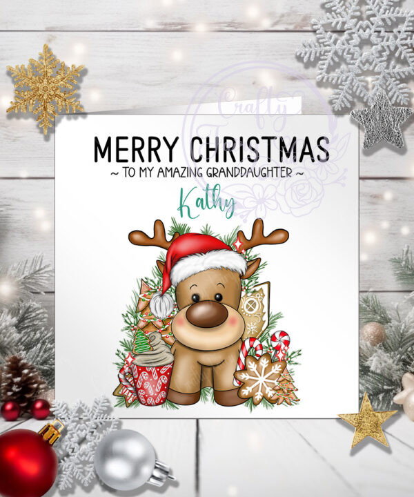 personalised reindeer in red santa hat christmas card