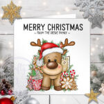 personalised reindeer in red santa hat christmas card